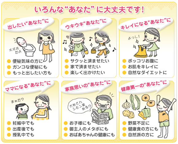 いろんな「あなた」に大丈夫です！●出したい「あなた」に・便秘気味の方に・ガンコな便秘にも・もっと出したい方も●ウキウキ「あなた」に・サクッと済ませたい・家で済ませたい・楽しく出かけたい●キレイになる「あなた」に・ポッコリお腹に・お肌をキレイに・自然なダイエットに●ママになる「あなた」に・妊娠中でも・出産後でも・授乳中でも●家族思いの「あなた」に・お子様にも・御主人のメタボにも・おばあちゃんの健康にも●健康第一の「あなた」に・野菜不足に・健康食の方にも・自然派の方に