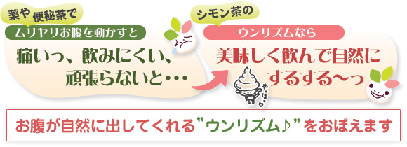 薬や刺激のあるお茶でムリヤリお腹を動かすと、「痛い、飲みにくい、頑張らないと・・・」ということに。でもこのお茶のウンリズムなら「美味しく飲んで自然にするする～っ」。お腹が自然に出してくれる「ウンリズム」をおぼえます。